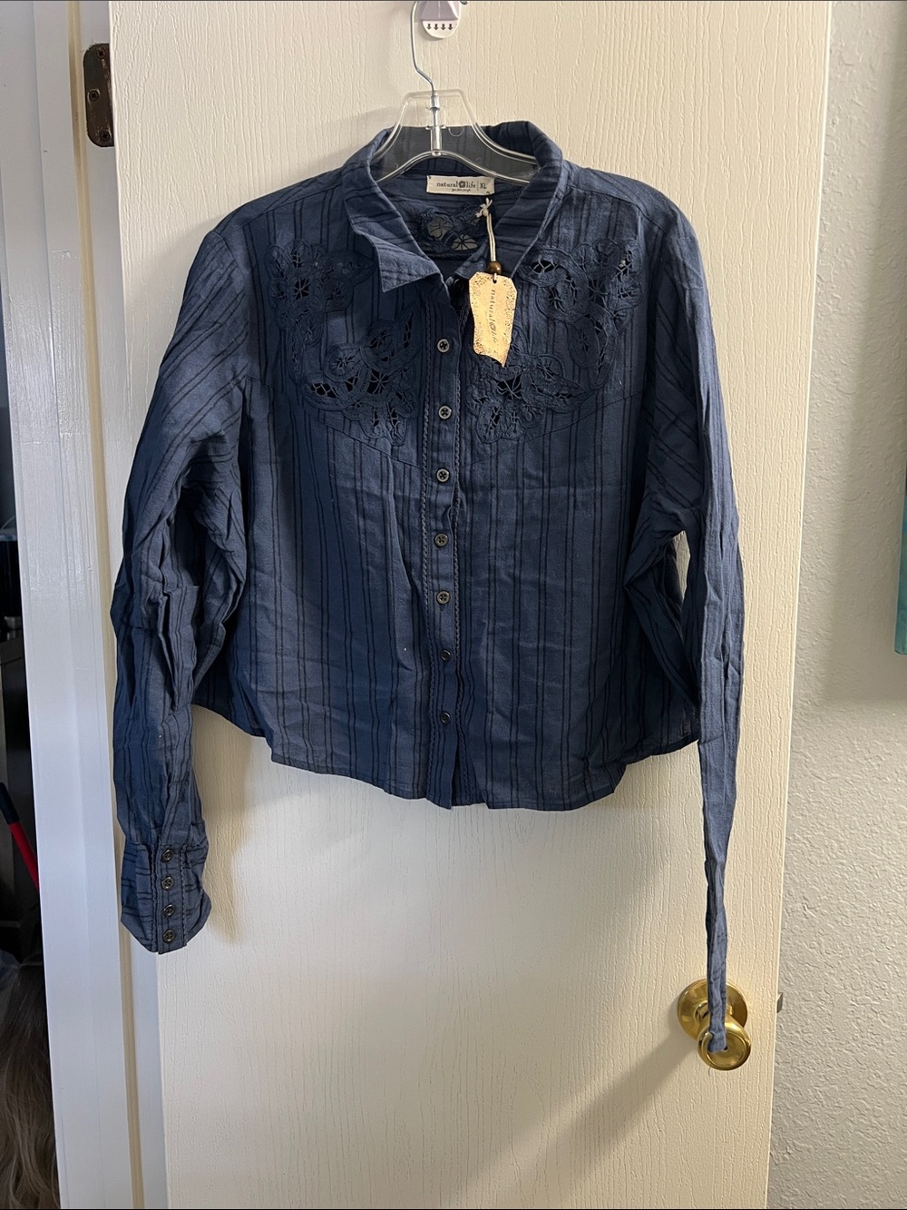 NATURAL LIFE Navy Embroidered Tie-Front Blouse XL